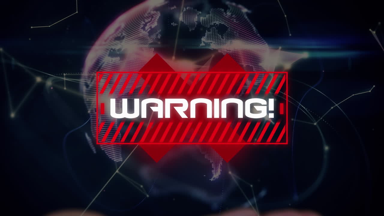 Animation of covid 19 warning text over data processing and globe