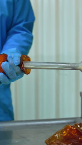 specialist makes sausage. factory worker makes sausage using a special machine