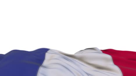 france fabric flag waving on the wind loop. french embroidery stitched cloth banner swaying on the breeze. half-filled white background. place for text. 20 seconds loop.