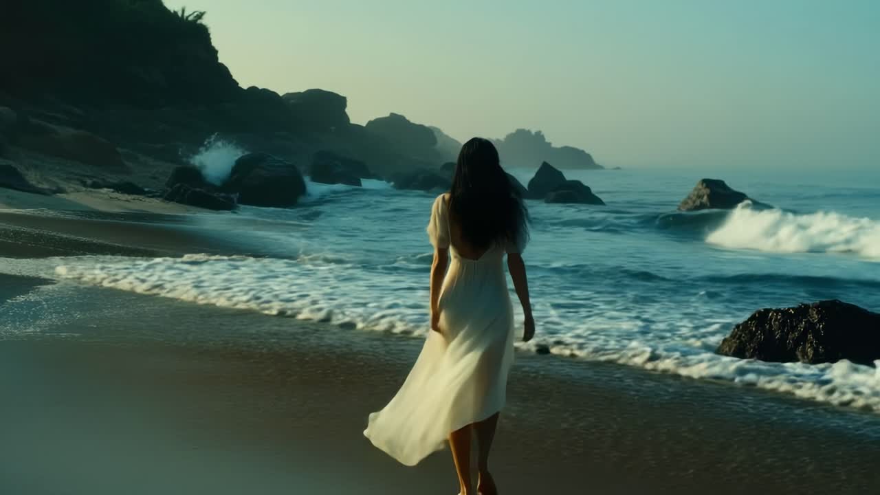 Una videoscena serena di una donna con un abito fluttuante che cammina verso l'oceano all'alba.