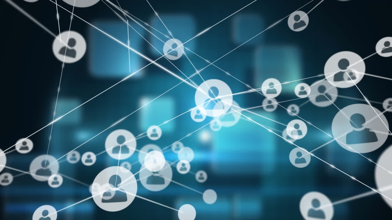 Digital animation of network of connections against blue square shapes against black background