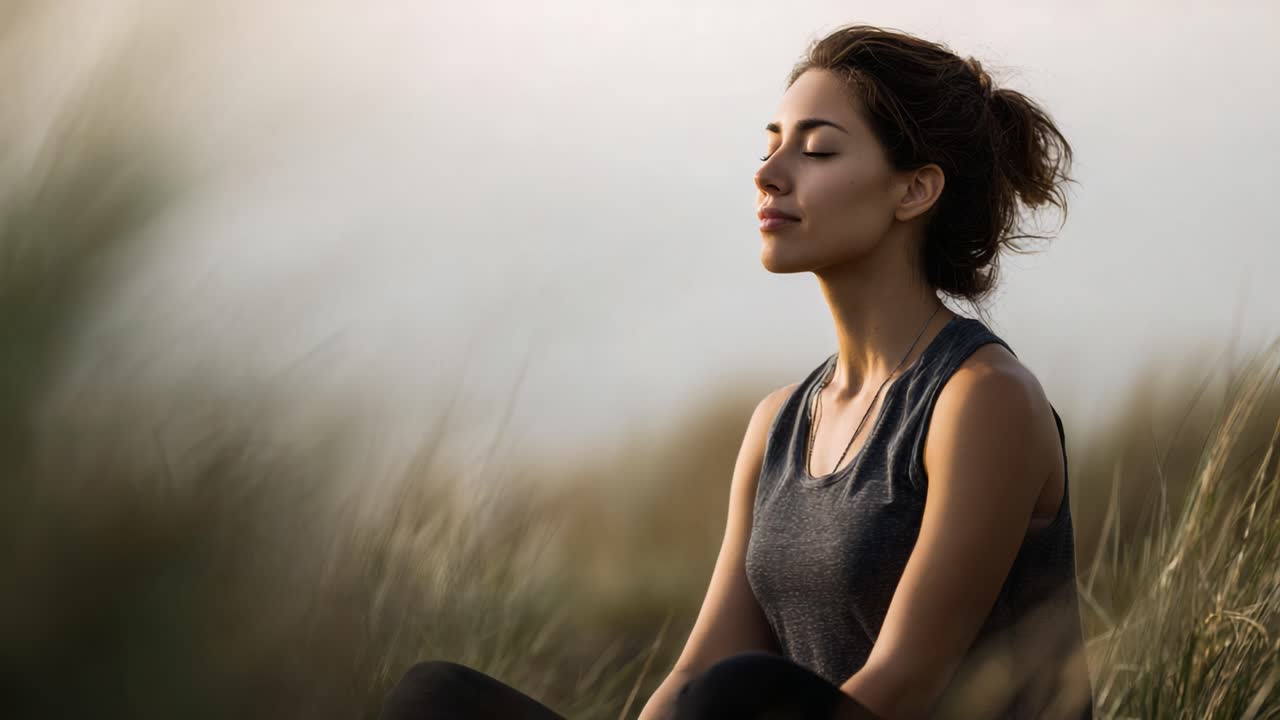 A woman in a serene outdoor setting, practicing mindfulness and meditation amidst tall grass, embracing tranquility and inner peace in nature's beauty
