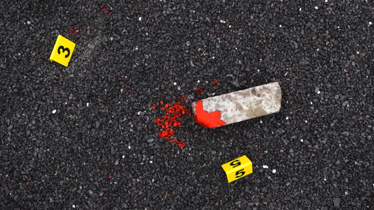 Top down view circles around numbered evidence markers placed beside blood spatter and bloodied brick. Murder weapon, blunt force object on dark gravel ground, gritty terrain. Violent crime scene