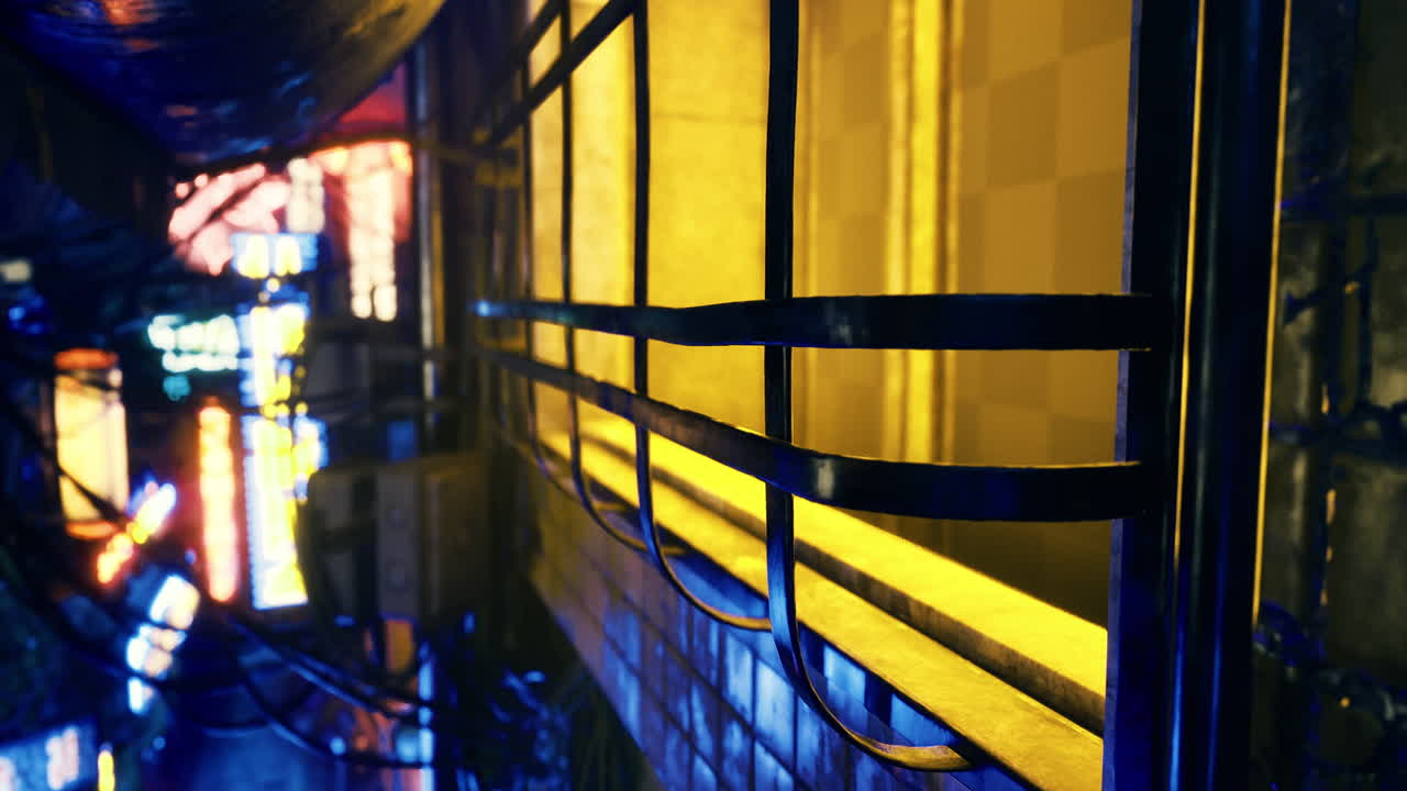 Vibrant alleyway illuminated by neon lights at night in a bustling city