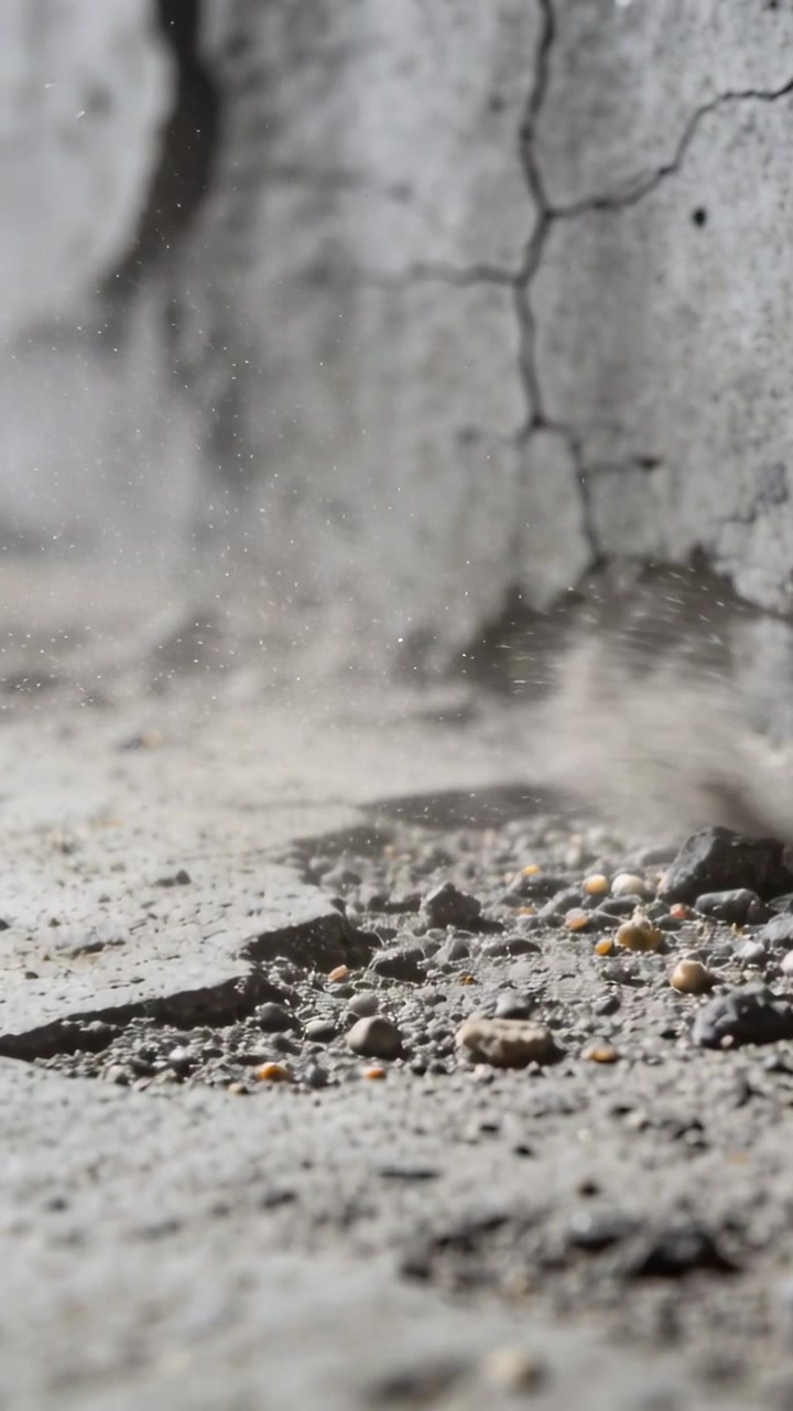 Video verticale: Scossa fuori campo che solleva rocce e polvere sopra un muro e un pavimento crepati, che si depositano.