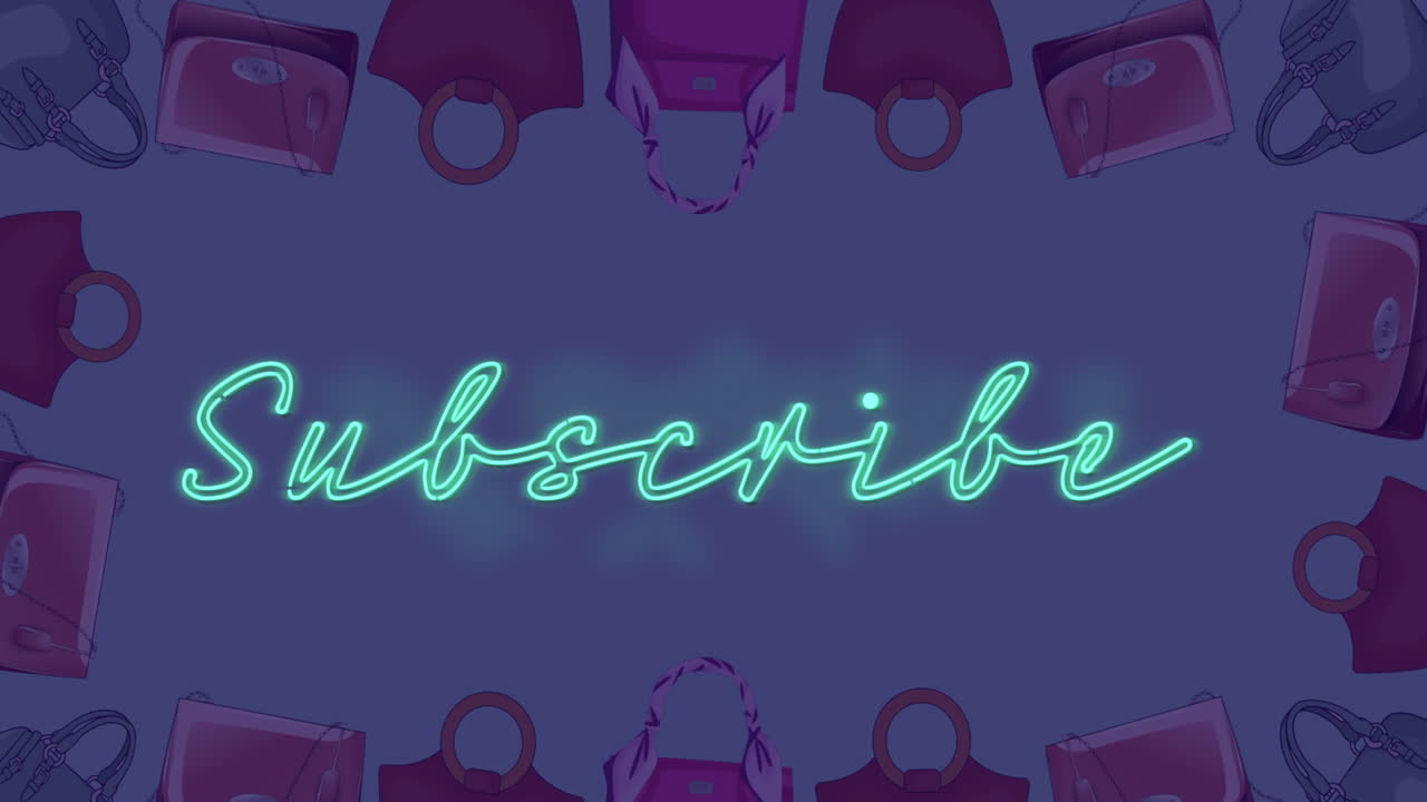 animación del texto de suscripción y los iconos de bolsos de mano sobre fondo azul