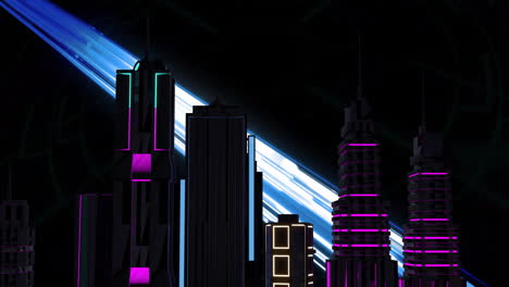 animation of modern buildings with neon lights at night over light beam on black background