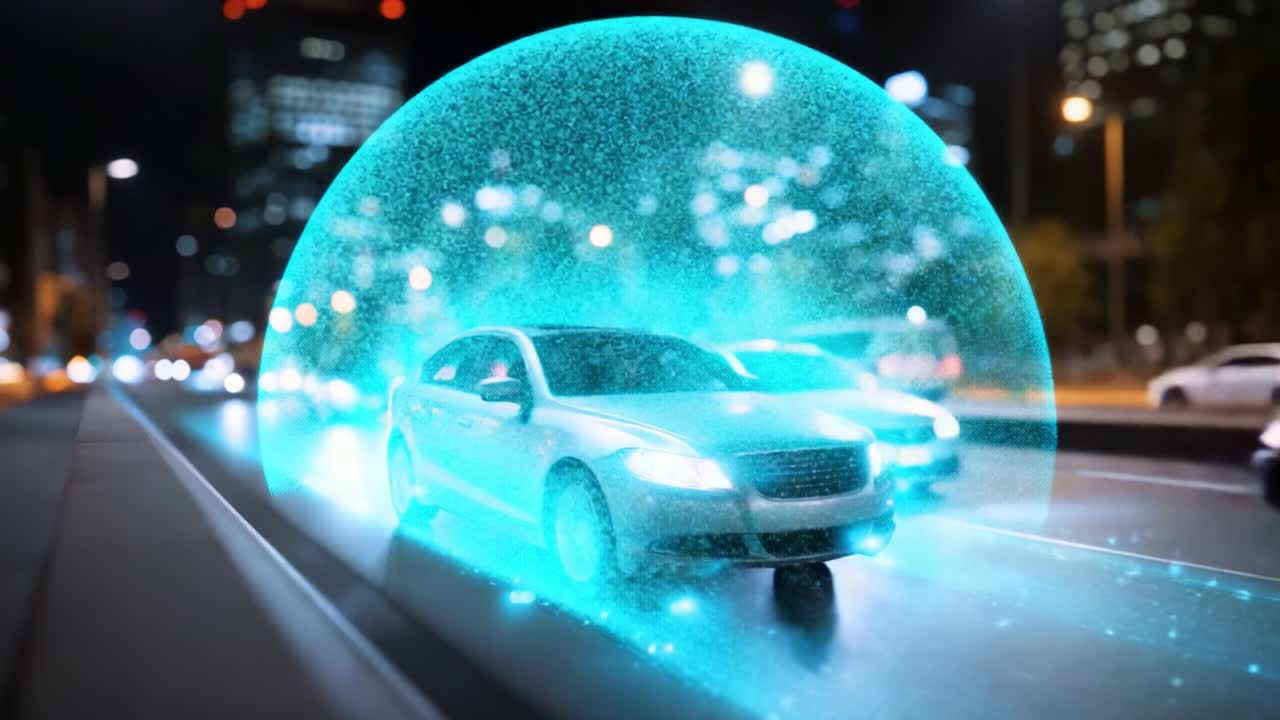 未来的な夜間の運転：光り輝くシールドの下、光と革新的な技術で賑わう大都市を走る車のビジュアルジャーニー。