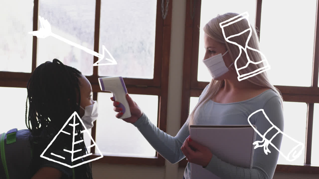 анимация контурных школьных предметов над кавказской учительницей, проверяющей температуру девочек