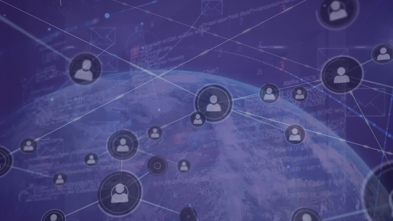 анимация подключенных икон, текстов, икон конвертов и компьютерного языка по всему миру