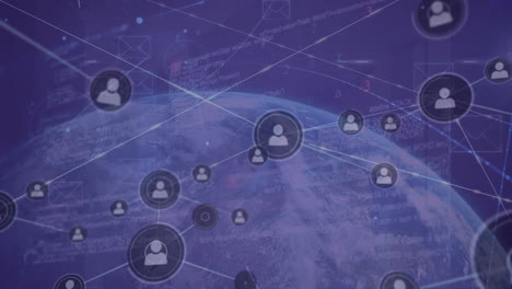animación de iconos conectados, textos, iconos de sobres y lenguaje informático en todo el mundo