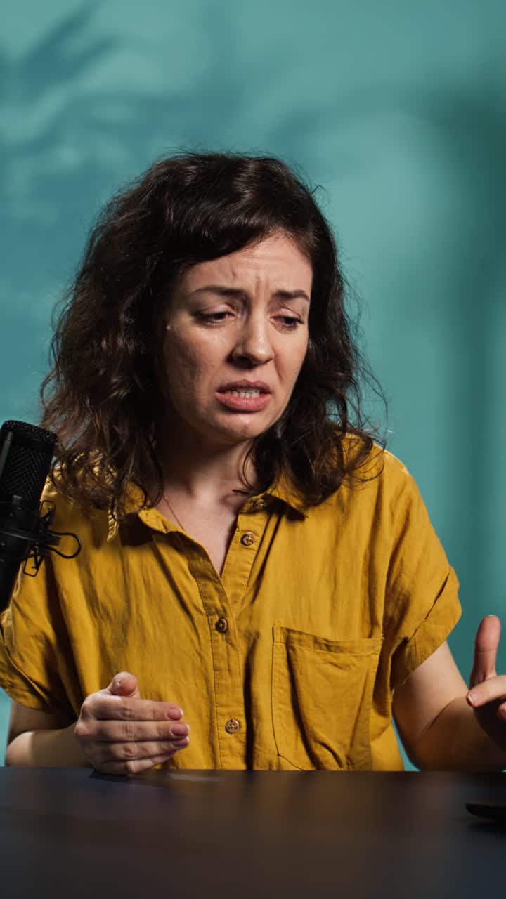 Donna frustrata che parla ed esprime fastidio al microfono