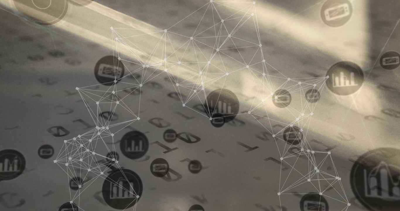 Connessione di rete digitale con icone aziendali fluttuanti e dati