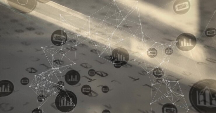 Connessione di rete digitale con icone aziendali fluttuanti e dati