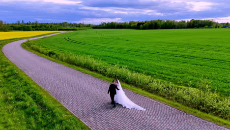 a bride and groom stroll a curving cobblestone road beside green fields, her veil trailing in the breeze, filmed by a gliding drone to emphasize romance, openness, and spring calm