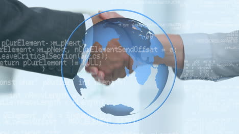 gente de negocios dándose la mano y el globo girando