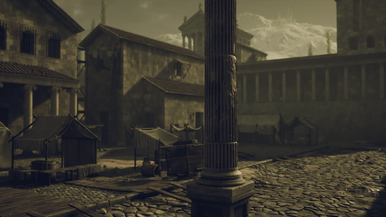 Ancient marketplace with stone pathways and towering structures at dawn