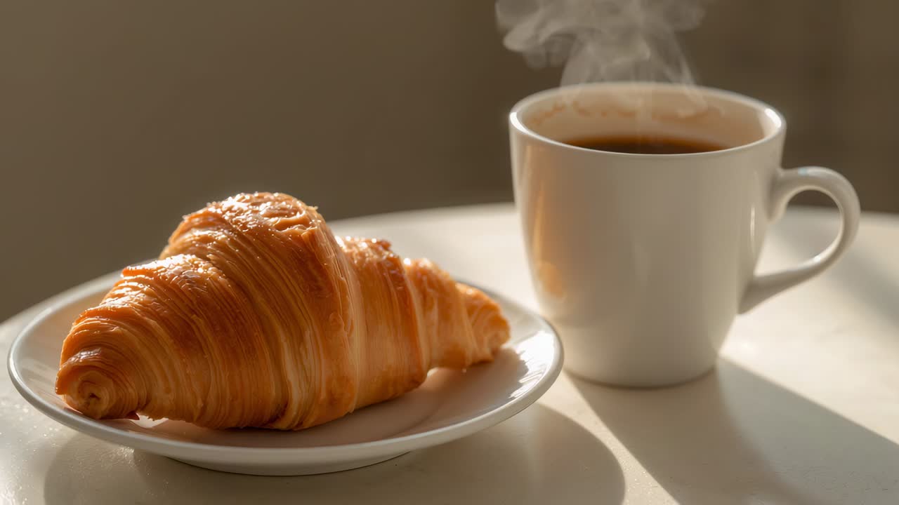 Capturing small plate with croissant and steaming white mug on tabletop, sunlight raising steam
