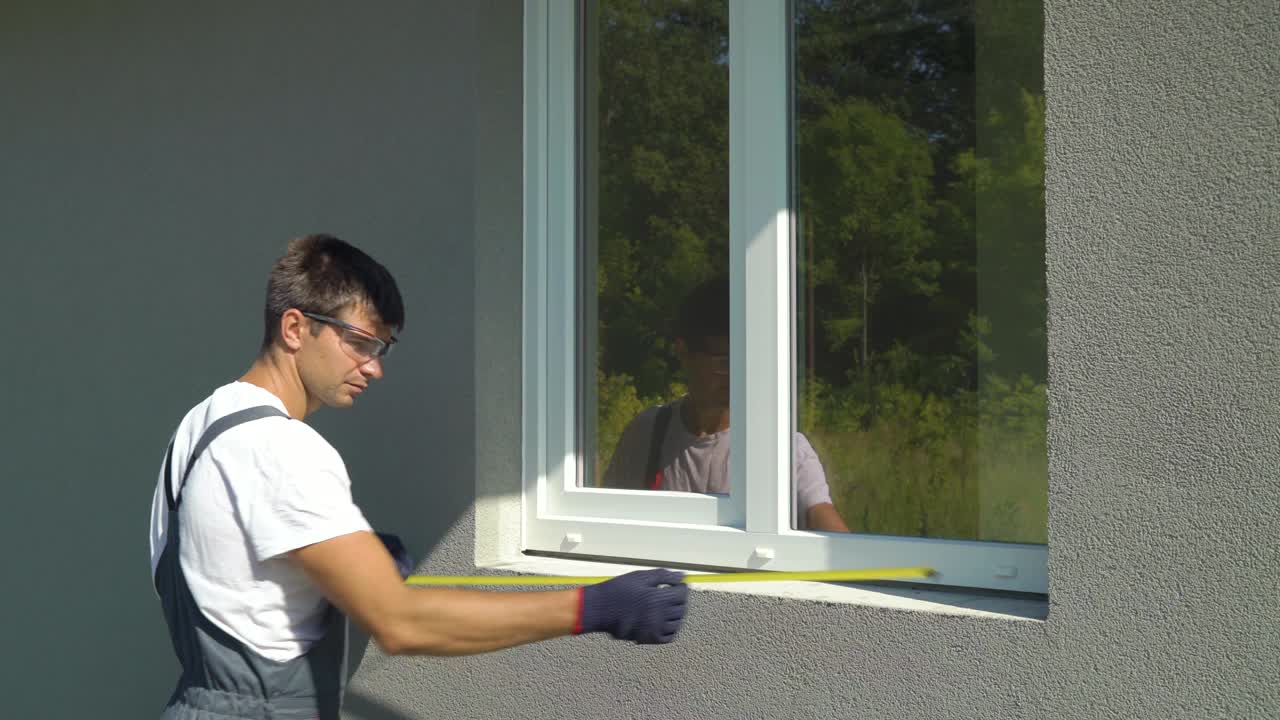 Pracovník v ochranných brýlích a rukavicích měří vnější parapet a velikost PVC okenního rámu.