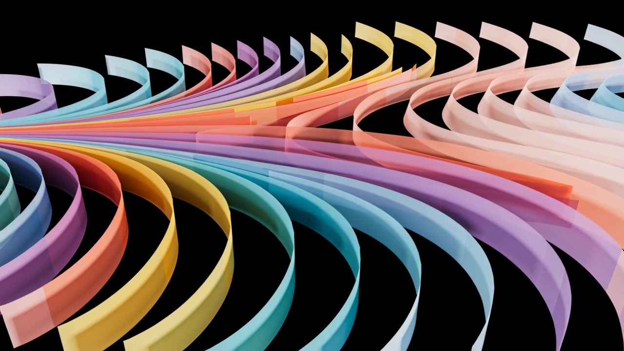Originating left-center point pastel ribbons fanning right on black backdrop, making rhythmic pulse