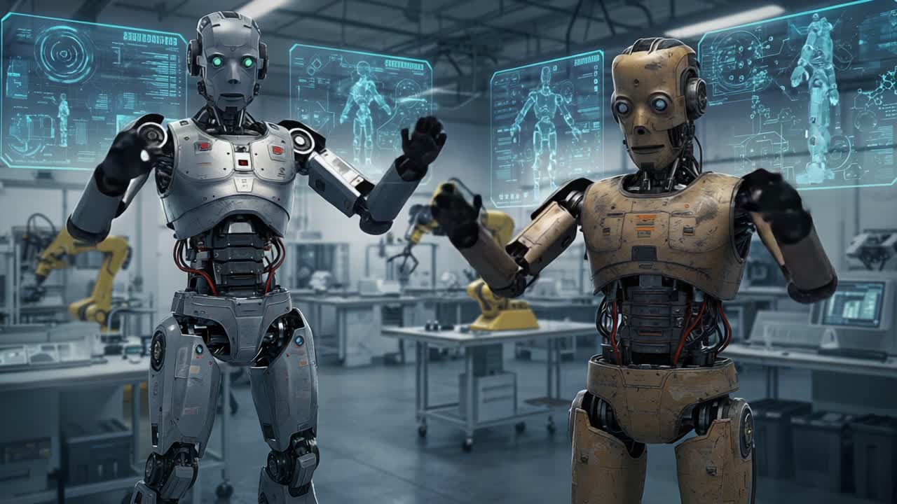 A captivating encounter between two advanced robots unfolds in a futuristic workshop, showcasing cutting-edge technology and interactive holograms that highlight their programming