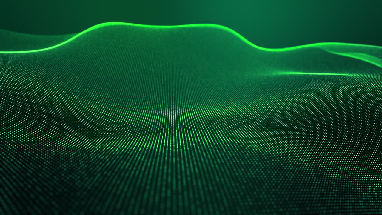 4k looped abstract green background of glow particles form lines, surfaces, structures as futuristic landscape in cyberspace or hologram. Sci-fi theme with DOF, lighting effects and bokeh.