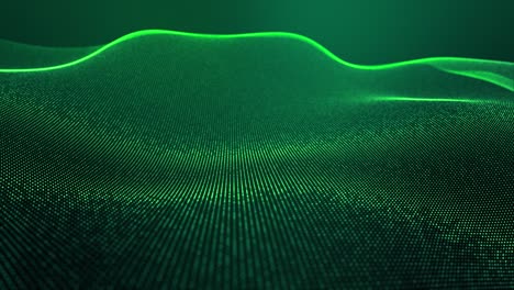 4k looped abstract green background of glow particles form lines, surfaces, structures as futuristic landscape in cyberspace or hologram. sci-fi theme with dof, lighting effects and bokeh.