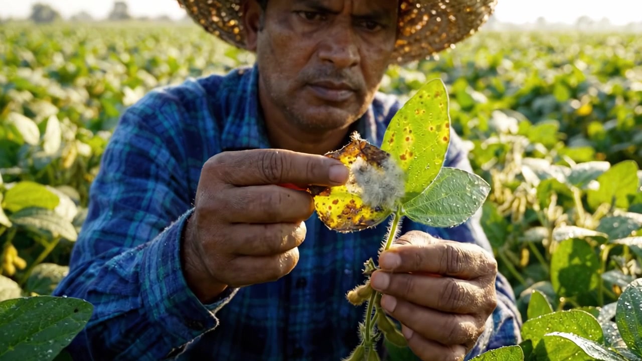 Un Agricultor Dedicado Examinando Plantas de Soja en un Campo Verde Exuberante Bajo la Luz Dorada del Sol, Capturando la Esencia de la Agricultura y el Cuidado de Cultivos