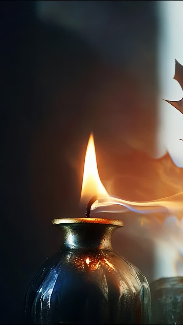 A Beautiful Flame Emanates from an Ornate Oil Lamp, Casting a Warm Glow Against a Dark Background, Creating an Enchanting Atmosphere of Serenity and Reflection