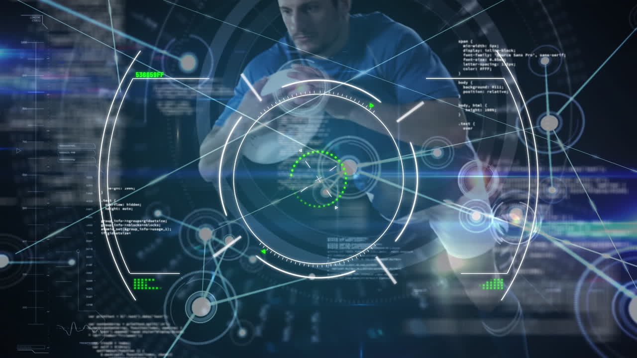 남성 럭비 선수의 애니메이션, 디지털 인터페이스 및 데이터 처리