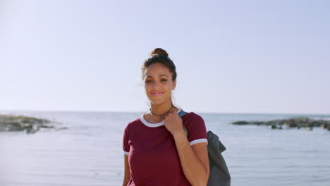 Beach-ocean,-sky-and-black-woman-with-backpack