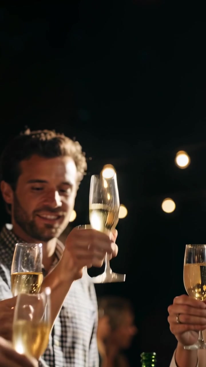 Vertical video: Starting toast, man in plaid clinking champagne flutes with pals at patio, lights