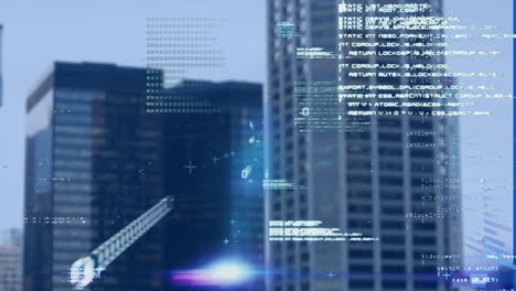 animación del procesamiento de datos financieros sobre el paisaje urbano