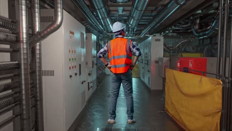 vollständige rückwand eines männlichen ingenieurs, der einen sicherheitshelm trägt, der sich umsieht, während er mit den armen steht, akimbo im motorkontrollraum, arbeit der elektrischen generatoren
