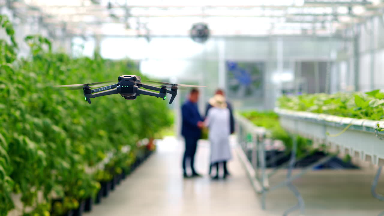 Drone filming through a greenhouse while people are working