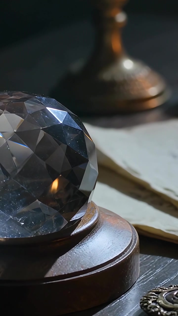 Video verticale: Bagliore di una lampada che si sposta su un cristallo tagliato su una base di legno sulla scrivania, mostrando polvere.