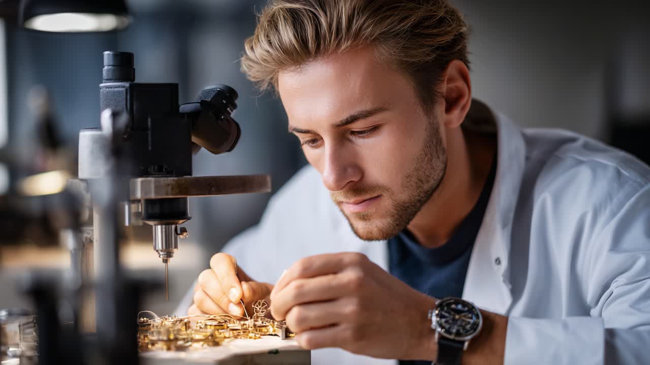 Skilled Craftsman Focused on Precision Work in Watchmaking Studio, Carefully Assembling Intricate Mechanics with Attention to Detail and Expertise in Craftsmanship