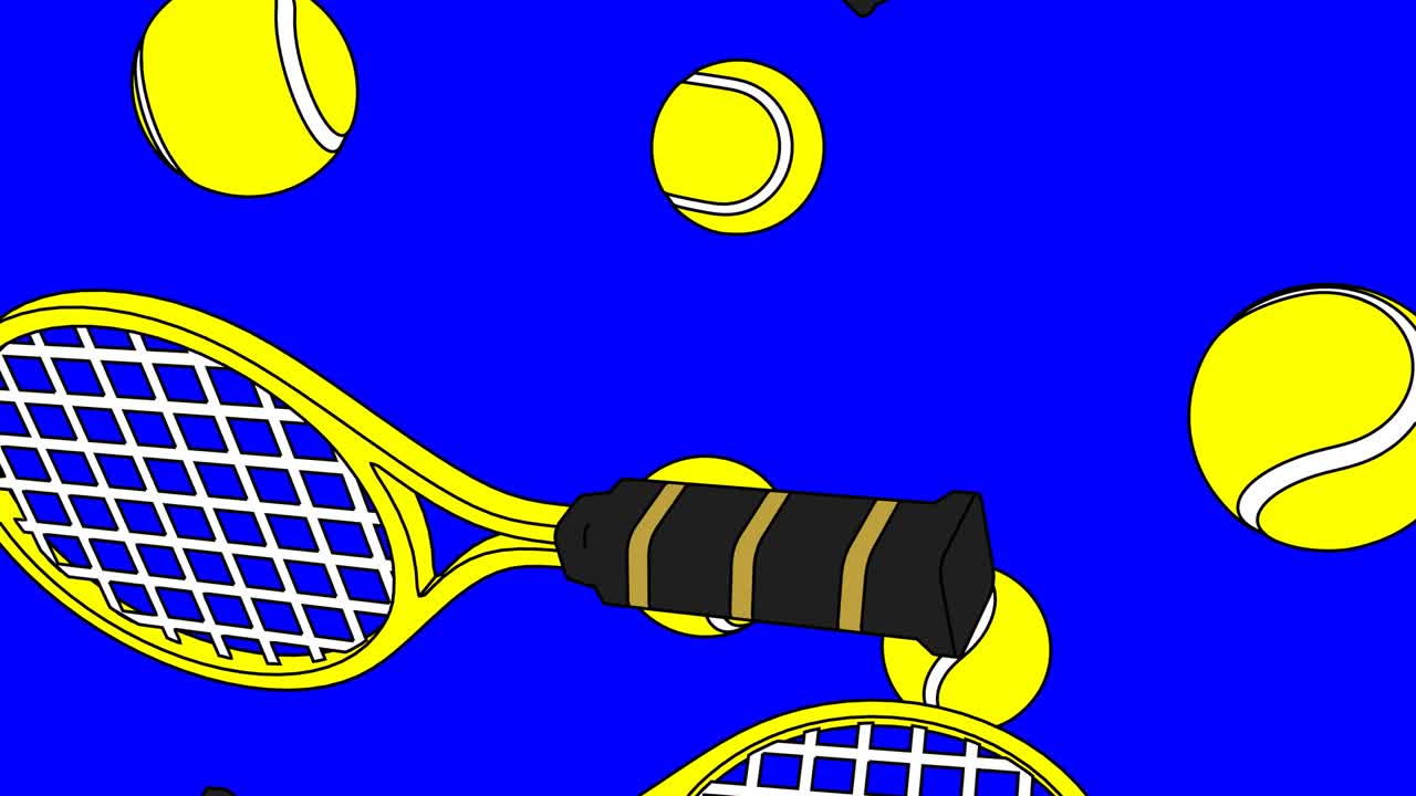 푸른 크로마 키 배경에 노란색 테니스 공과 테니스 라켓.