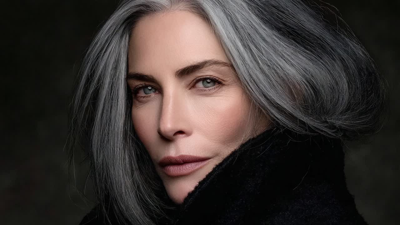 A Captivating Portrait of Timeless Beauty with Striking Gray Hair and Mesmerizing Green Eyes Exuding Confidence and Elegance Set Against a Dark Background