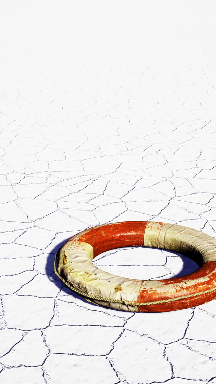 Worn life ring lies on cracked earth with mountains far away in background
