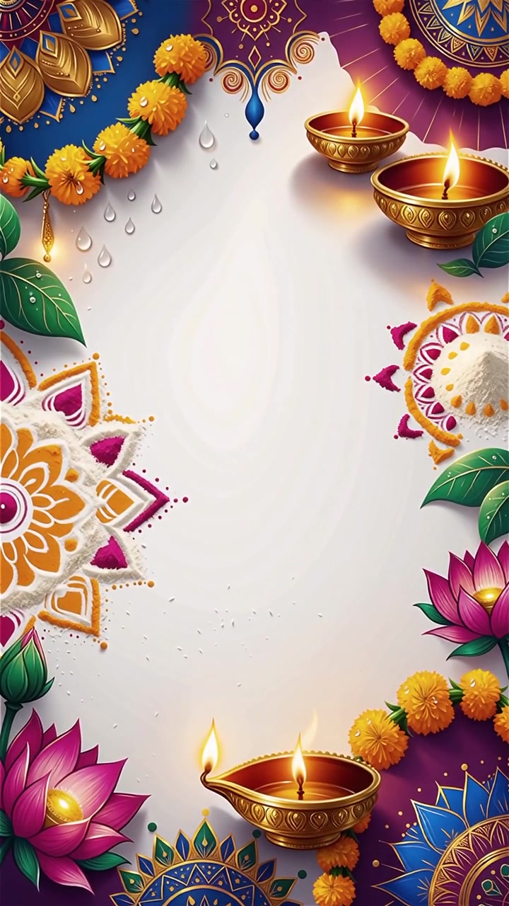 Sfondo Diwali con Diyas luminosi, Rangoli e fiori di loto