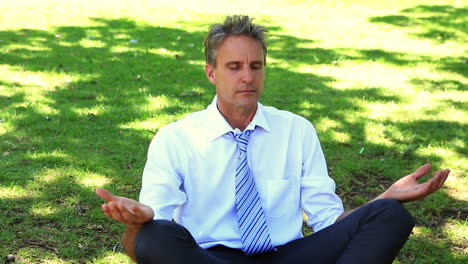 Happy-businessman-doing-yoga-in-the-park