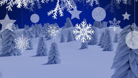 animation of snow falling over christmas decoration and fir trees in winter landscape