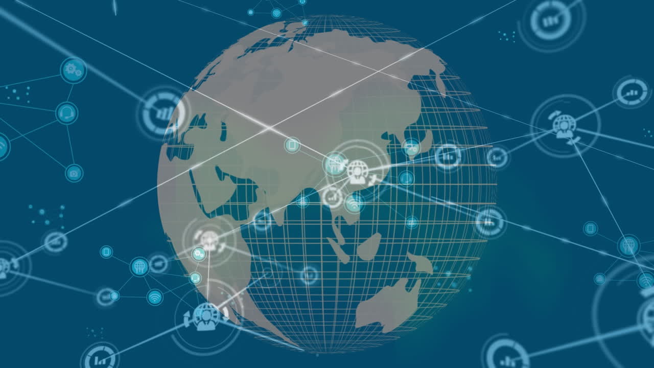 파란색 배경에 대한 아이콘과 회전하는 지구의 플로우 차트 위에 연결된 아이콘의 애니메이션