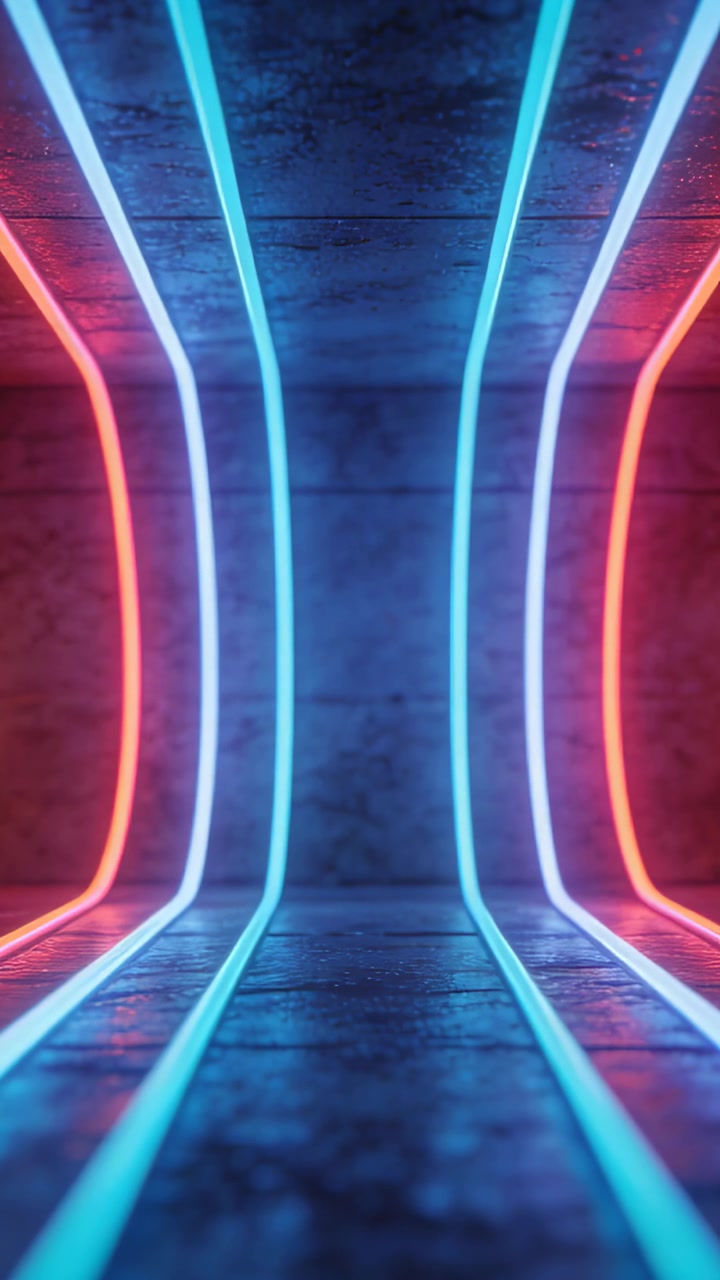 Vertical video: Pulsing cyan, magenta curved neon strips in mid corridor, shimmering on shiny floor
