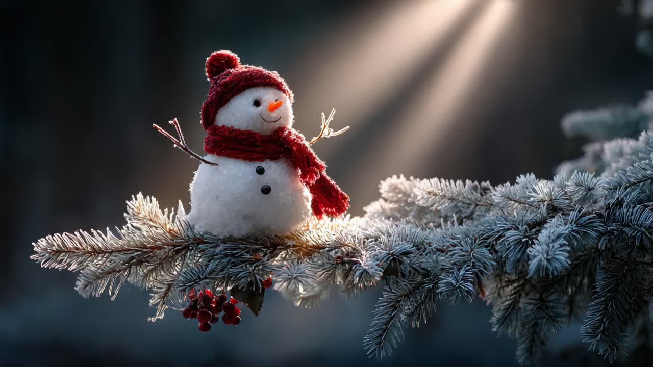A Charming Snowman Perched on a Frosty Pine Branch Illuminated by Soft Rays of Winter Light, Capturing the Essence of a Magical Snowy Scene