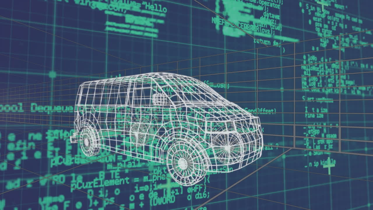 파란색 배경에 디지털 자동차를 통해 데이터 처리의 애니메이션