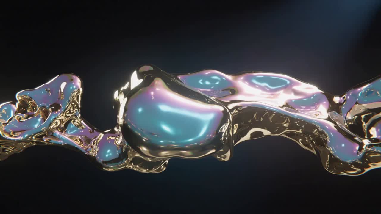 Morphing iridescent liquid starting as ribbon in studio, bulging, pinching filaments and droplets