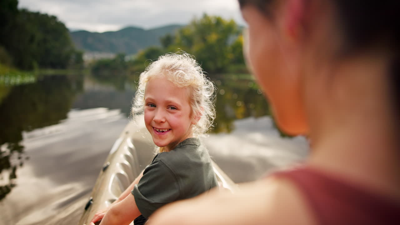 Mother, girl and face in kayak on river