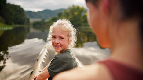 mother, girl and face in kayak on river